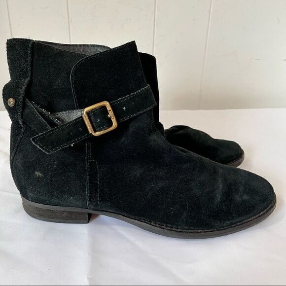 Black Booties Sam Edelman Malone Distressed Suede Buckle Strap Split Shaft 7.5 8 - Picture 3 of 7
